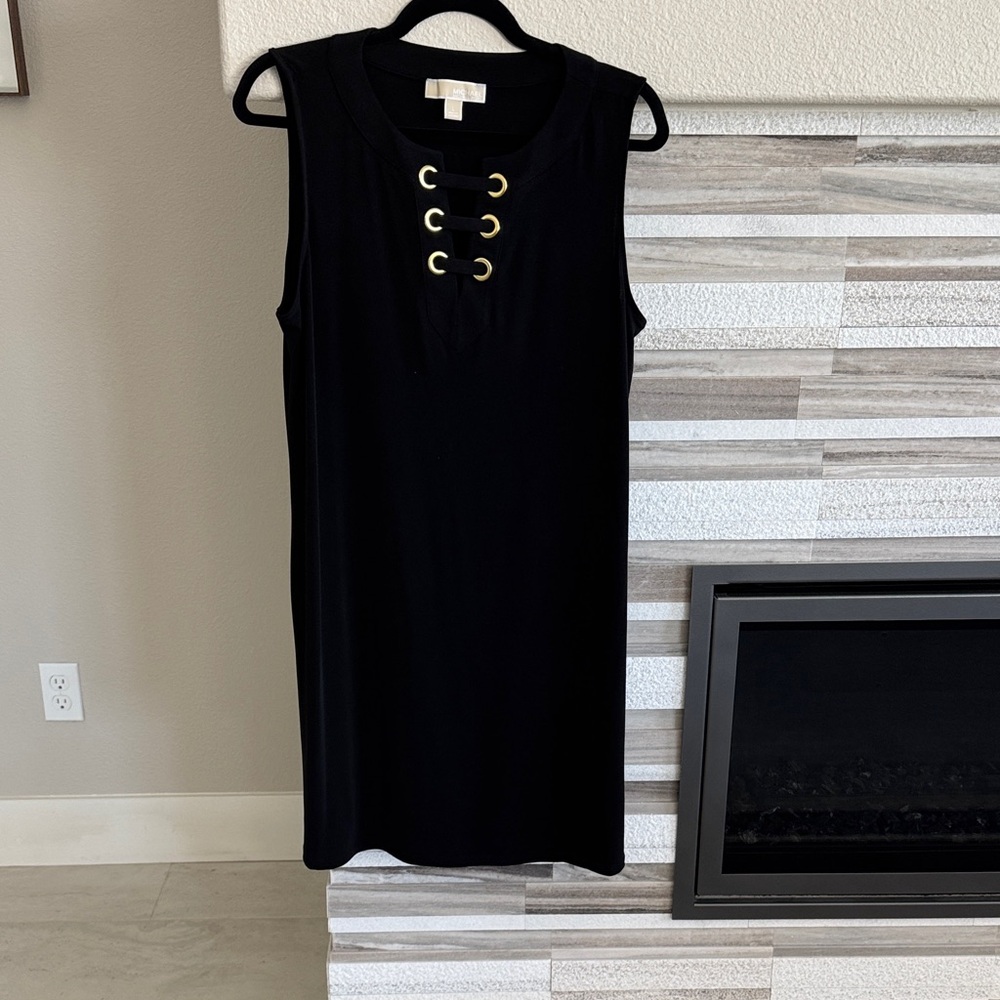 Michael Kors Black Sleeveless Shift Dress with Gold Eyelet Detail